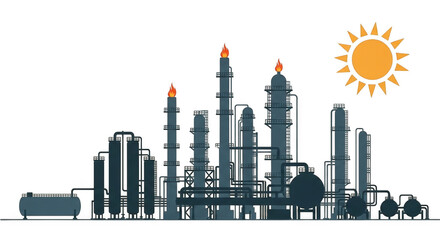 Obraz premium Silhouette of an industrial oil and gas refinery plant with a sun isolated on transparent background