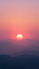 Fototapeta premium Minimalist pastel sun setting softly behind rolling hills glowing faintly beneath fading horizon’s dreamy warm haze