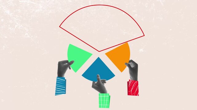 One chart segment is missing while hands pause in stillness symbolizing uncertainty and strategic gap. Stop motion animation. Concept of missing data, pending decision, business challenge