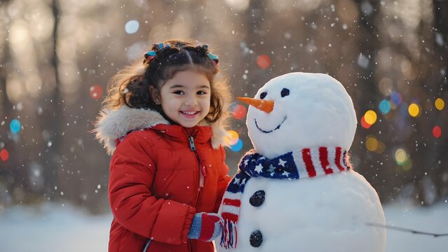 Smiling child in red winter coat building snowman with American flag scarf in snowy forest, festive holiday season scene with falling snow and colorful lights