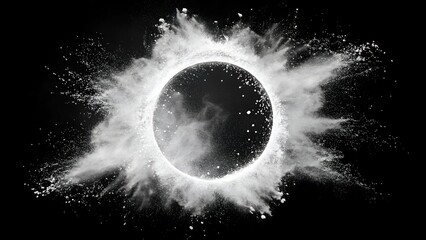 Circular explosion of white powder against a black background, creating an abstract splash