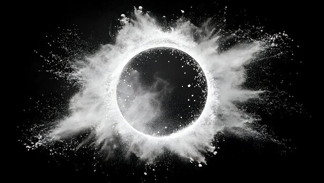 Circular explosion of white powder against a black background, creating an abstract splash - Powered by Adobe