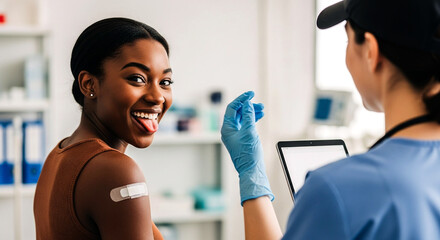 A happy Black woman turns to smile at a medical professional wearing gloves and holding a syringe moments before or after receiving a vaccine in a clean clinic environment