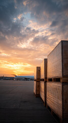 Obraz premium Wooden crates stacked at airport during golden hour, air transportation logistics