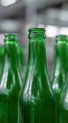 Green glass bottles in production line