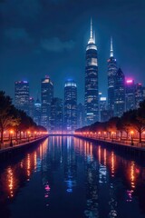 Fototapeta premium A luxurious, shimmering cityscape at night, reflecting the vibrant lights in a glamorous display of urban beauty Perfect for travel, luxury, and nightlife themes , illumination, holiday