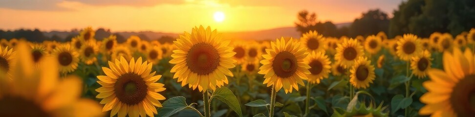 Obraz premium Majestic Sunflower Field at Sunrise Golden Light, Dew-Kissed Petals, Idyllic Landscape