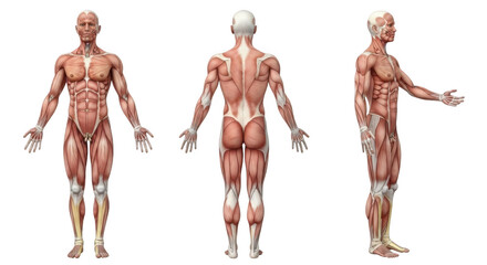 Detailed human muscle anatomy diagram isolated on transparent background
