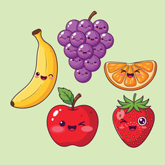 A cute collection of kawaii cartoon fruit characters with happy smiling faces.