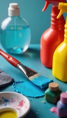 A paintbrush, meticulously cleaned, rests amidst household cleaning supplies; a whimsical juxtaposition of art and chores ,  still life,  organized,  housekeeping