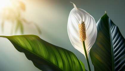 close up of peace lily plant and delicate flower a tropical theme