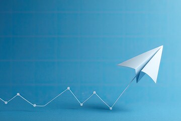 Paper airplane soaring upward against blue background, symbolizing growth