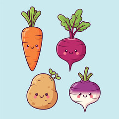 A cute collection of smiling kawaii root vegetables carrot beetroot potato and turnip.