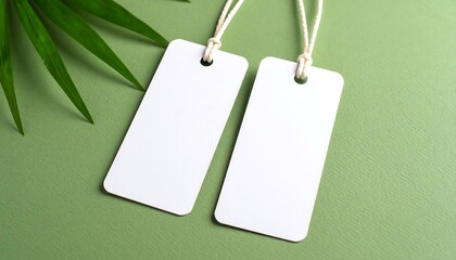 Two blank white tags with twine, on a green background, next to a palm leaf