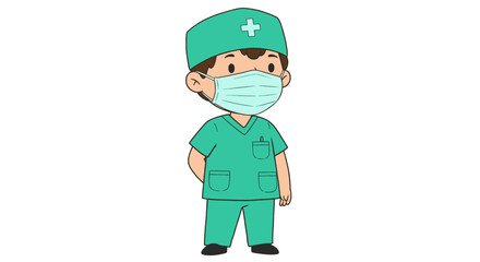 Cute cartoon male doctor in teal scrubs, surgical cap with cross, and light blue face mask, standing.