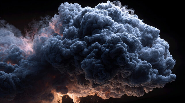 Dramatic dark smoke cloud billowing against a black backdrop during an explosive event at dusk Generative AI
