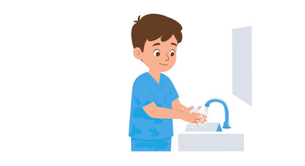 Cartoon Boy Washing Hands with Soap Under a Blue Faucet