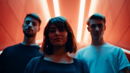 Three young adults, diverse group, stand confidently under neon lights, modern urban vibe, evokes feelings of unity and empowerment, perfect for nightlife or youth culture themes - Powered by Adobe