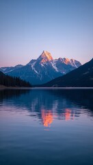Pastel mountain peaks glowing faintly beneath twilight sky soft reflections resting calmly within still shimmering lake