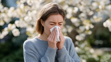 A young woman in a sneezing fit holds a tissue amidst a vibrant, sunlit floral backdrop.