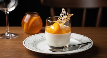 Creamy peach dessert in glass bowl, adorned with butterfly