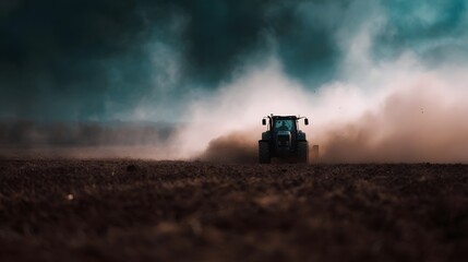 Naklejka premium Tractor plowing a dry field kicking up clouds of dust