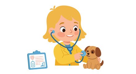 Smiling Girl Child Vet Examining Brown Plush Toy Dog with Stethoscope
