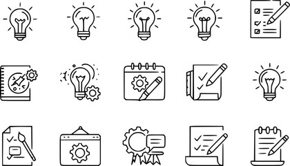 Fototapeta premium Creativity line editable icon set. Containing Creative, idea, design, imagination, innovation, inspiration, originality, and more. Editable stroke. Vector illustration