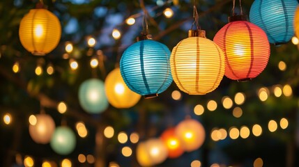 Colorful lanterns and bokeh lights create enchanting nighttime ambiance