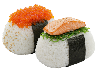 Delicious japanese onigiri rice balls with salmon and caviar toppings transparent background