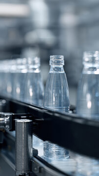 Clear plastic bottles on conveyor in factory setting