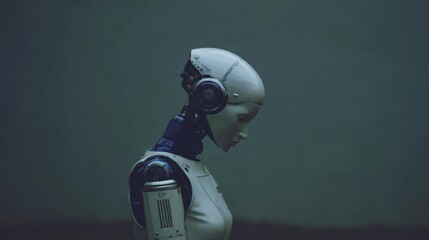 Humanoid robot with exposed head in dark setting. Artificial intelligence concept. Futuristic android technology. Sci-fi cyborg profile view. Machine learning innovation.