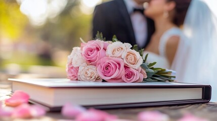 Elegant wedding scene with bride and groom behind pink rose bouquet