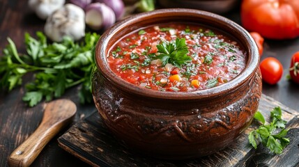 Hearty vegetable soup in rustic clay bowl with fresh herbs and tomatoes