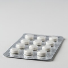 White round tablets in blister packaging on neutral background  