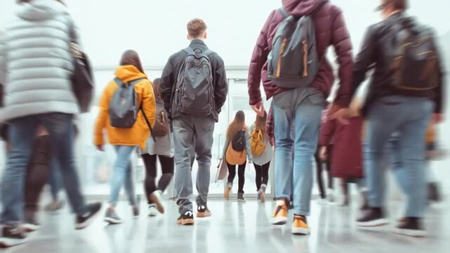 A diverse group of people walks through a bright, spacious hallway, backpacks indicating a travel or academic setting, autumn clothing suggesting seasonal change
