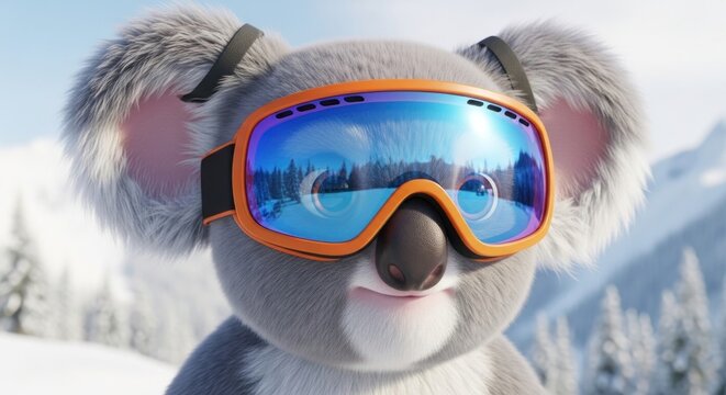 Cartoon koala smiles, wearing ski goggles reflecting snowy mountain scene