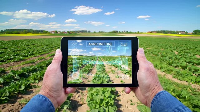 Smart agriculture technology with augmented reality tablet interface over green crop fields. Digital farming innovation uses precision monitoring for sustainable cultivation and management analytics.