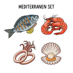 Colorful handdrawn Mediterranean seafood set with grilled fish shrimp calamari rings and a scallop with a pearl.