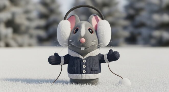 Animated gray mouse in winter clothes with earmuffs stands in snowy field