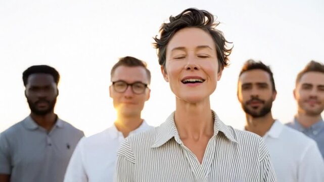 Diverse group of professionals, middle-aged woman in focus with supportive team, happy workplace atmosphere, celebrating teamwork and inclusivity