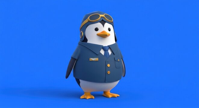 3D rendered cartoon penguin wearing aviator pilot uniform and goggles, standing on a bright blue background