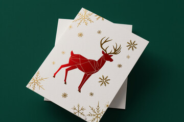 Red geometric deer with gold snowflakes on white cards, stacked on dark green background. Festive and elegant.