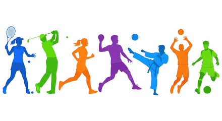 Colorful silhouettes of athletes in various sports activities isolated on transparent background