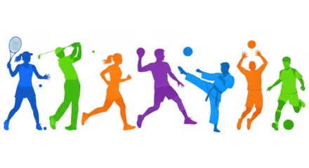 Colorful silhouettes of athletes in various sports activities isolated on transparent background
