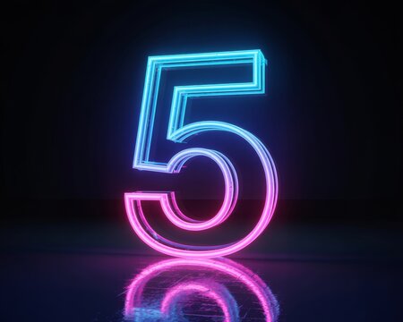Neon Number Five Glowing On Dark Reflective Surface