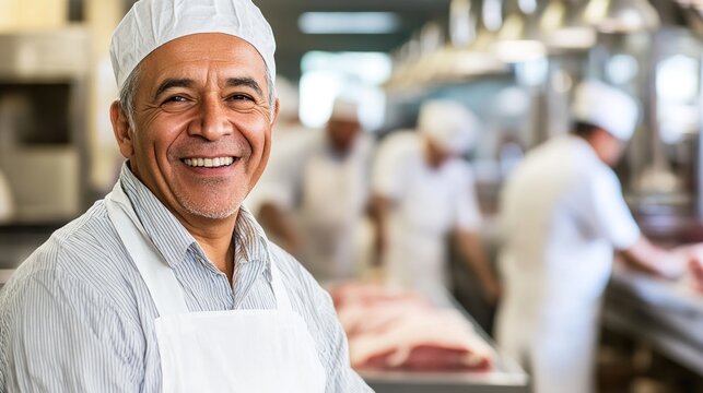 Worker Working Scene in Meat Processing Plant, Smiling Practitioner, Food Production Environment Material - Powered by Adobe