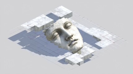 Fragmented marble face emerging from digital blocks. Ancient meets modern art concept. 3D rendering of classical sculpture in pixelated style for graphic design and digital art