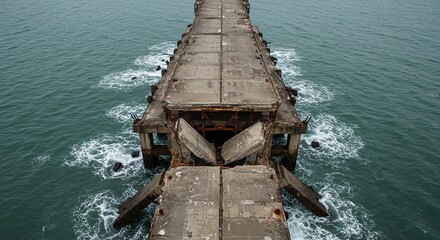 Aerial view of a crumbling concrete pier extending into the ocean with waves crashing around it