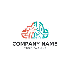Cloud computing logo with circuit board design in red and teal.